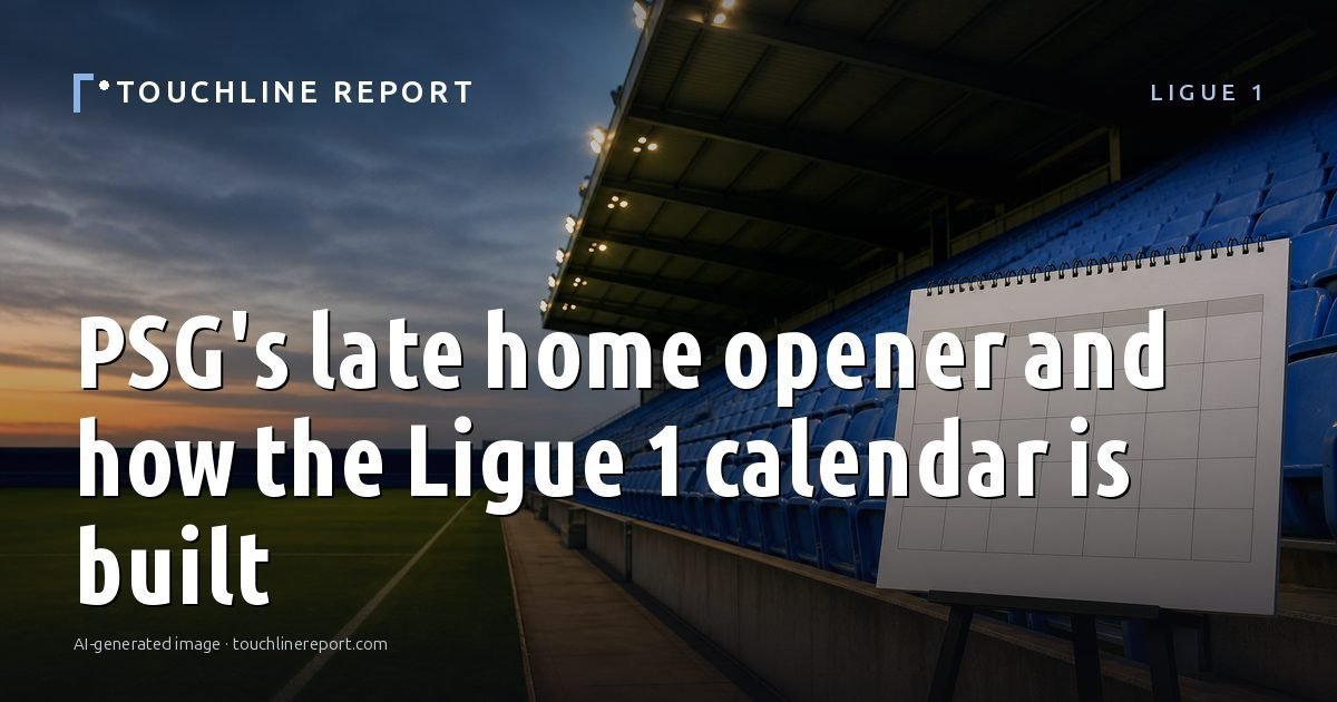 Illustration for the Ligue 1 article “PSG's late home opener and how the Ligue 1 calendar is built”: an AI-generated editorial illustration showing a scene illustrating the subject of the article, with the headline set over it. Illustrative only, not a photograph of a real event.