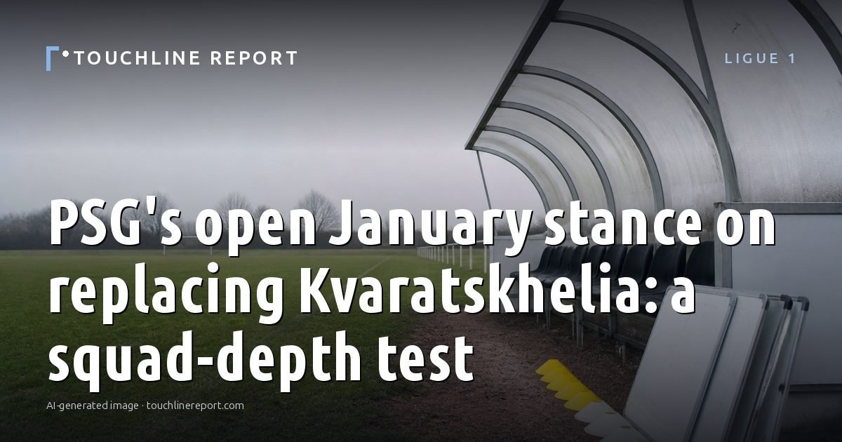Illustration for the Ligue 1 article “PSG's open January stance on replacing Kvaratskhelia: a squad-depth test”: an AI-generated editorial illustration showing a scene illustrating the subject of the article, with the headline set over it. Illustrative only, not a photograph of a real event.