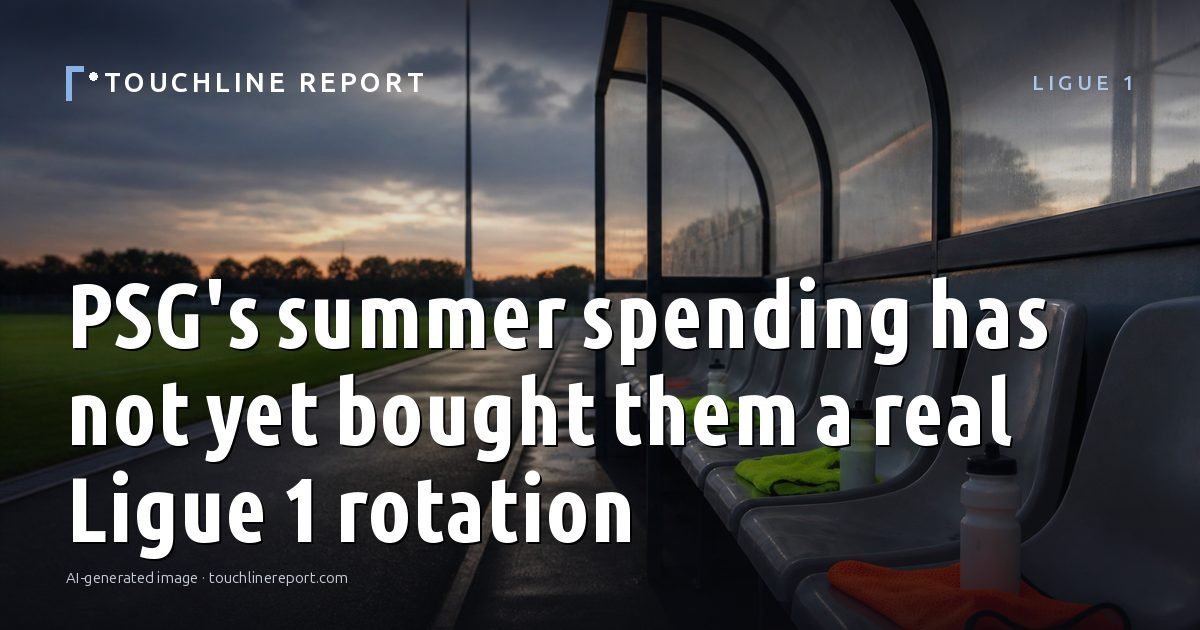 Illustration for the Ligue 1 article “PSG's summer spending has not yet bought them a real Ligue 1 rotation”: an AI-generated editorial illustration showing a scene illustrating the subject of the article, with the headline set over it. Illustrative only, not a photograph of a real event.