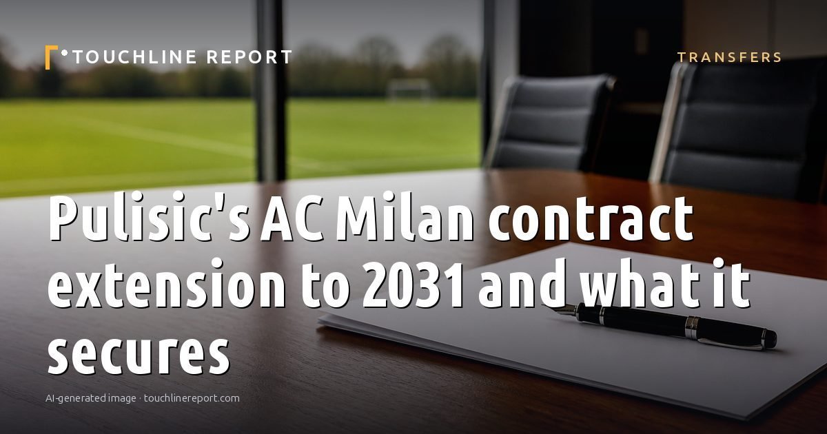 Illustration for the Transfers article “Pulisic's AC Milan contract extension to 2031 and what it secures”: an AI-generated editorial illustration showing a scene illustrating the subject of the article, with the headline set over it. Illustrative only, not a photograph of a real event.