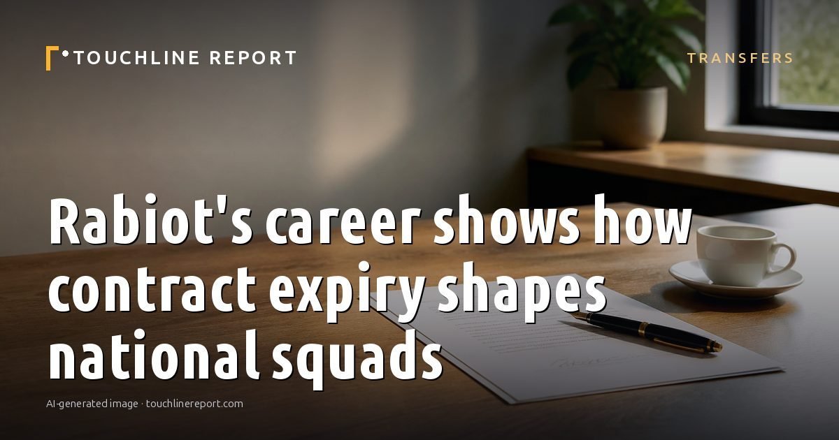 Illustration for the Transfers article “Rabiot's career shows how contract expiry shapes national squads”: an AI-generated editorial illustration showing a scene illustrating the subject of the article, with the headline set over it. Illustrative only, not a photograph of a real event.