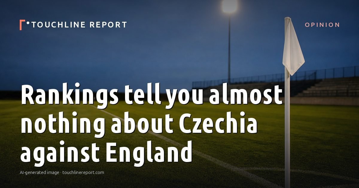 Illustration for the Opinion article “Rankings tell you almost nothing about Czechia against England”: an AI-generated editorial illustration showing an empty training ground at dawn with cones and markers laid out, with the headline set over it. Illustrative only, not a photograph of a real event.