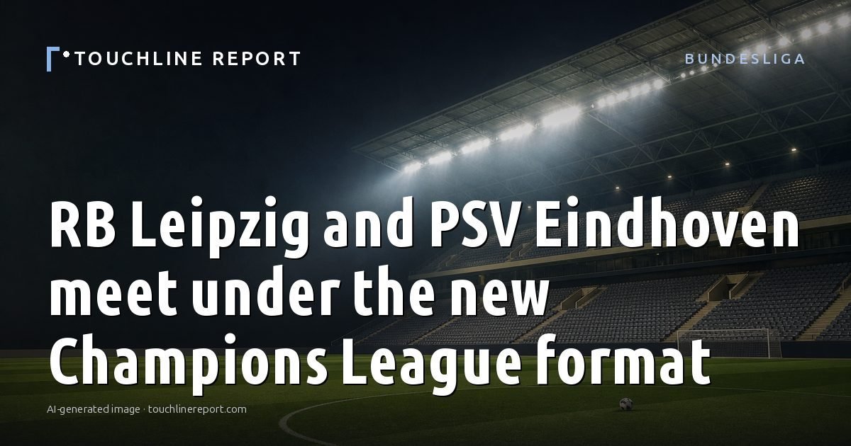 Illustration for the Bundesliga article “RB Leipzig and PSV Eindhoven meet under the new Champions League format”: an AI-generated editorial illustration showing a scene illustrating the subject of the article, with the headline set over it. Illustrative only, not a photograph of a real event.