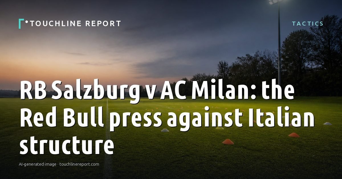 Illustration for the Tactics article “RB Salzburg v AC Milan: the Red Bull press against Italian structure”: an AI-generated editorial illustration showing a scene illustrating the subject of the article, with the headline set over it. Illustrative only, not a photograph of a real event.