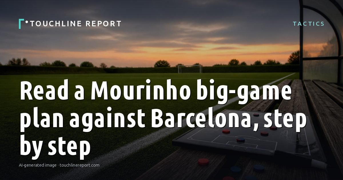 Illustration for the Tactics article “Read a Mourinho big-game plan against Barcelona, step by step”: an AI-generated editorial illustration showing a scene illustrating the subject of the article, with the headline set over it. Illustrative only, not a photograph of a real event.