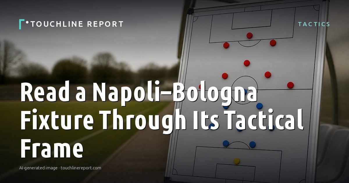 Illustration for the Tactics article “Read a Napoli–Bologna Fixture Through Its Tactical Frame”: an AI-generated editorial illustration showing a scene illustrating the subject of the article, with the headline set over it. Illustrative only, not a photograph of a real event.