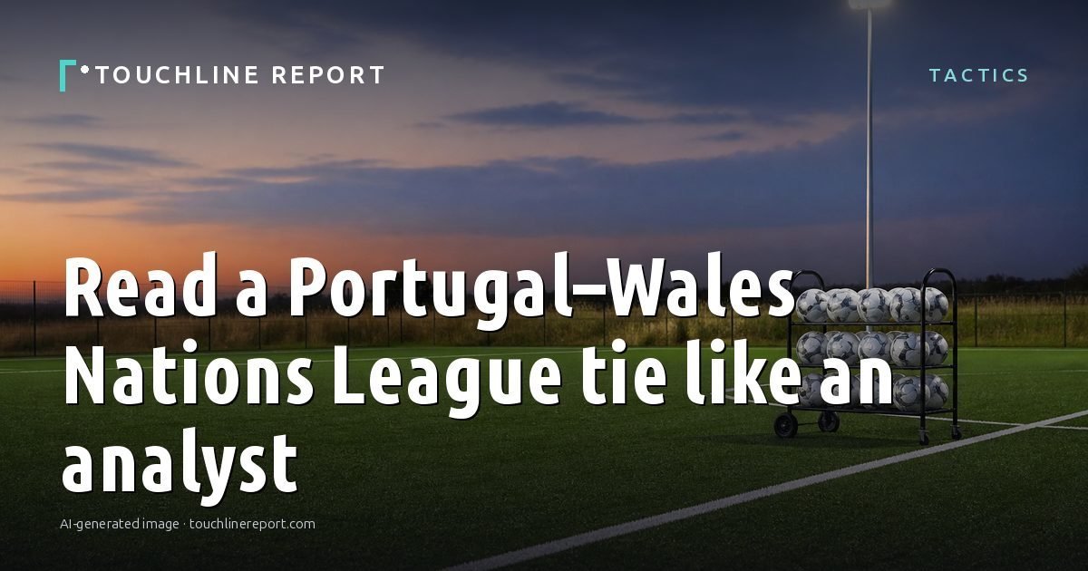 Illustration for the Tactics article “Read a Portugal–Wales Nations League tie like an analyst”: an AI-generated editorial illustration showing an empty training ground at dawn with cones and markers laid out, with the headline set over it. Illustrative only, not a photograph of a real event.