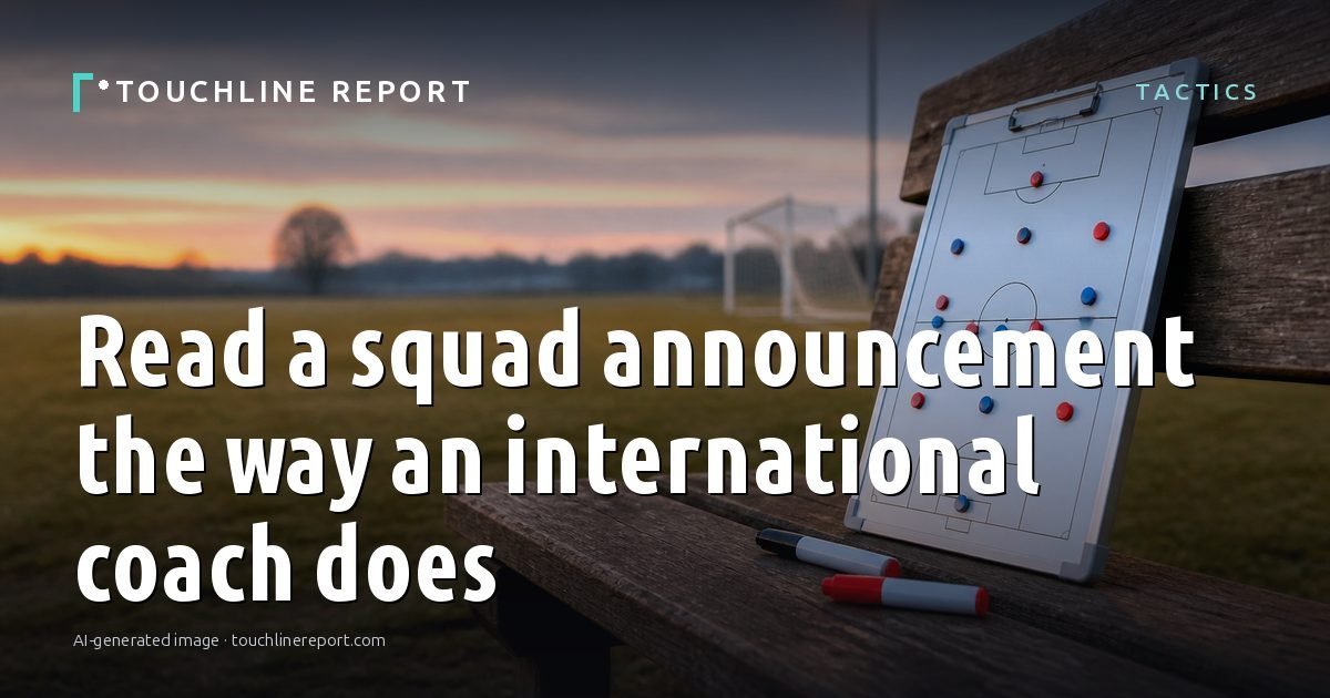 Illustration for the Tactics article “Read a squad announcement the way an international coach does”: an AI-generated editorial illustration showing an empty training ground at dawn with cones and markers laid out, with the headline set over it. Illustrative only, not a photograph of a real event.