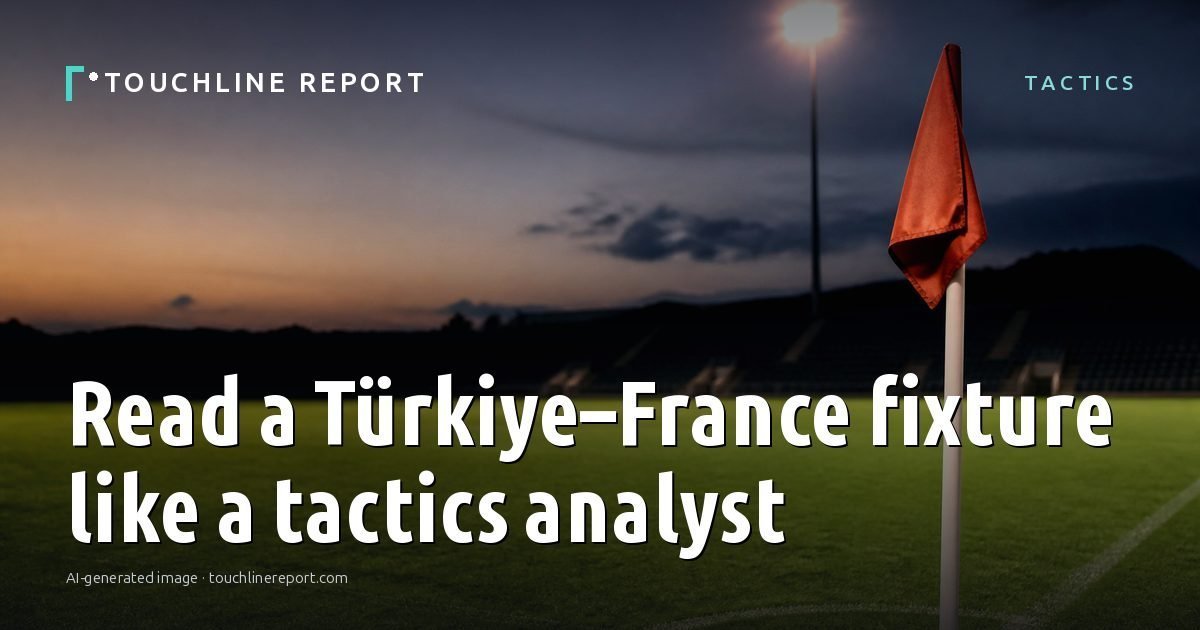 Illustration for the Tactics article “Read a Türkiye–France fixture like a tactics analyst”: an AI-generated editorial illustration showing an empty training ground at dawn with cones and markers laid out, with the headline set over it. Illustrative only, not a photograph of a real event.