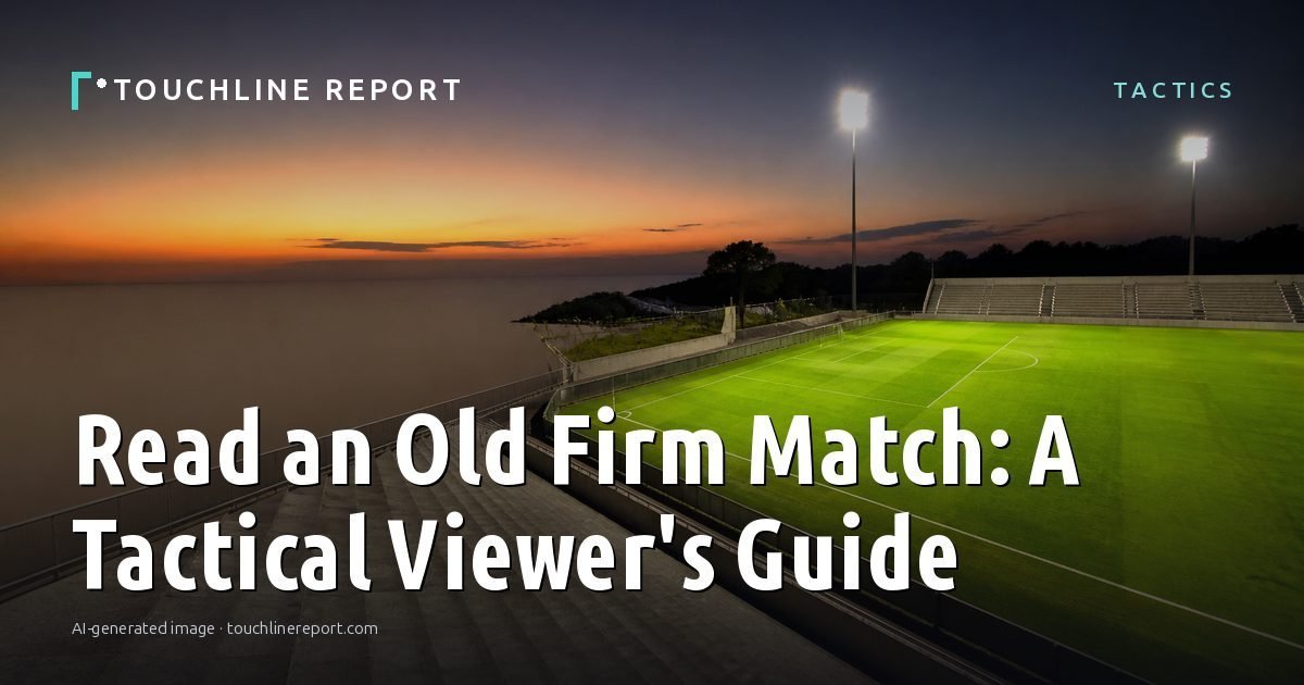 Illustration for the Tactics article “Read an Old Firm Match: A Tactical Viewer's Guide”: an AI-generated editorial illustration showing an empty training ground at dawn with cones and markers laid out, with the headline set over it. Illustrative only, not a photograph of a real event.