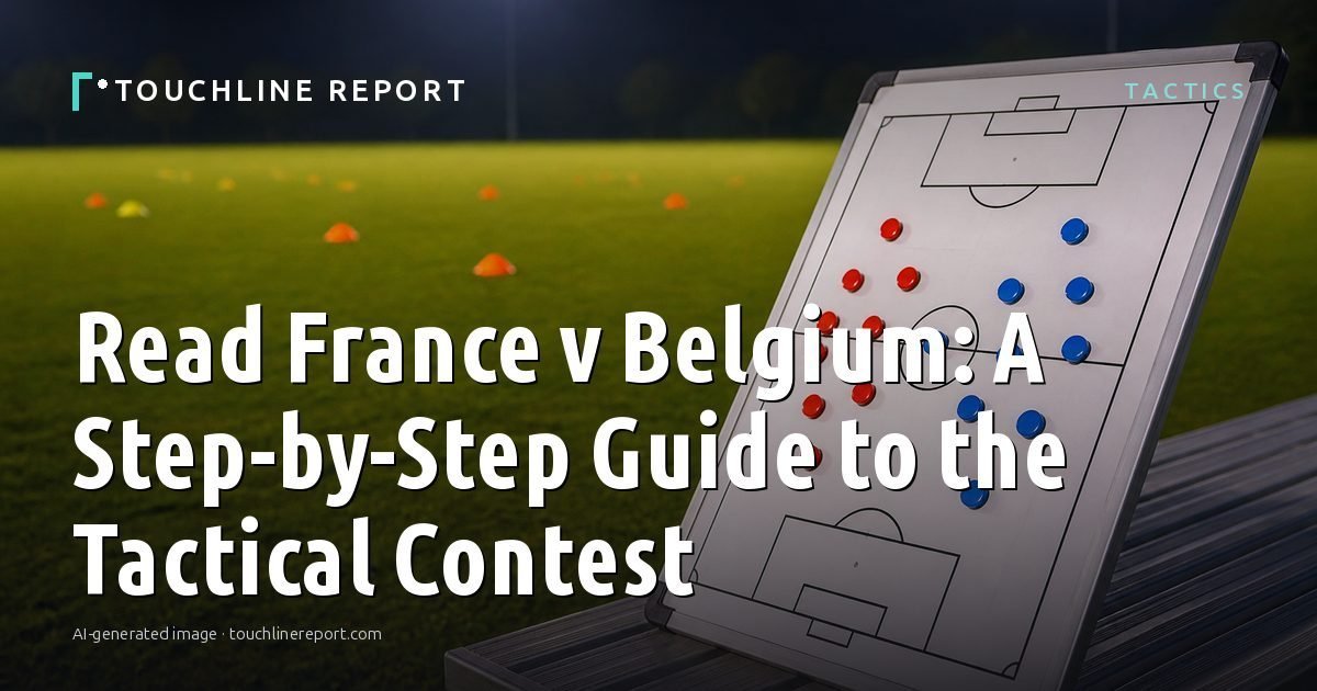 Illustration for the Tactics article “Read France v Belgium: A Step-by-Step Guide to the Tactical Contest”: an AI-generated editorial illustration showing an empty training ground at dawn with cones and markers laid out, with the headline set over it. Illustrative only, not a photograph of a real event.