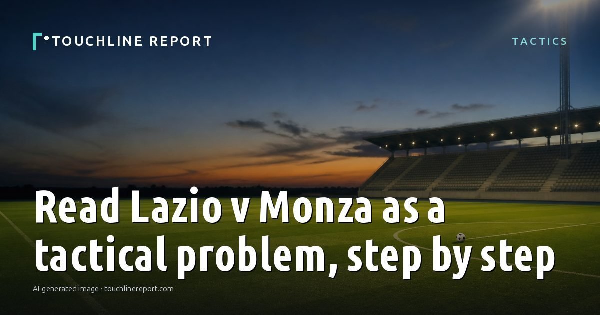 Illustration for the Tactics article “Read Lazio v Monza as a tactical problem, step by step”: an AI-generated editorial illustration showing an empty training ground at dawn with cones and markers laid out, with the headline set over it. Illustrative only, not a photograph of a real event.