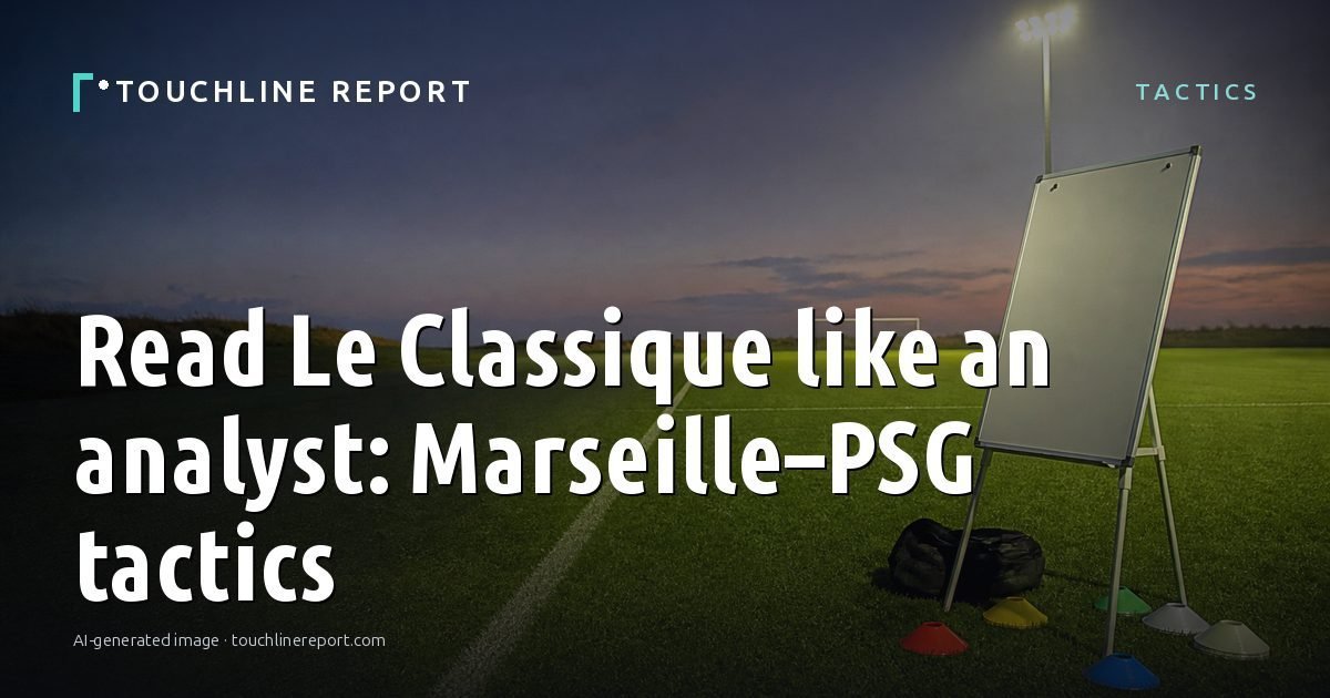 Illustration for the Tactics article “Read Le Classique like an analyst: Marseille–PSG tactics”: an AI-generated editorial illustration showing the layered rock terraces of the Martian surface with tracks curving up the slope, with the headline set over it. Illustrative only, not a photograph of a real event.