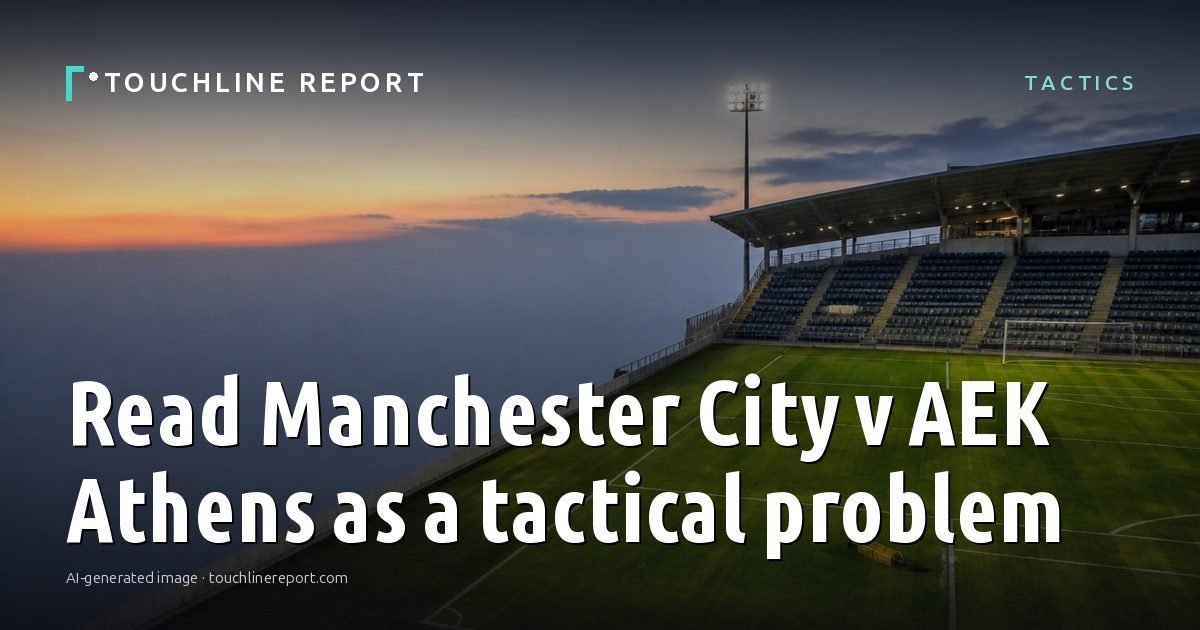 Illustration for the Tactics article “Read Manchester City v AEK Athens as a tactical problem”: an AI-generated editorial illustration showing an empty training ground at dawn with cones and markers laid out, with the headline set over it. Illustrative only, not a photograph of a real event.