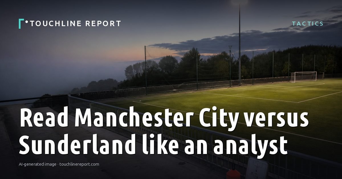 Illustration for the Tactics article “Read Manchester City versus Sunderland like an analyst”: an AI-generated editorial illustration showing a scene illustrating the subject of the article, with the headline set over it. Illustrative only, not a photograph of a real event.