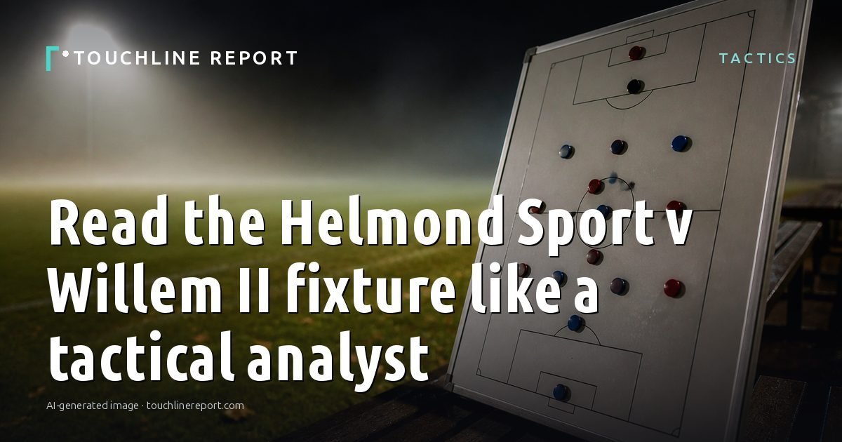Illustration for the Tactics article “Read the Helmond Sport v Willem II fixture like a tactical analyst”: an AI-generated editorial illustration showing an empty training ground at dawn with cones and markers laid out, with the headline set over it. Illustrative only, not a photograph of a real event.
