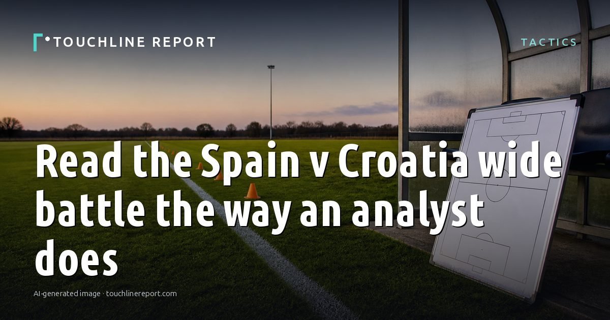 Illustration for the Tactics article “Read the Spain v Croatia wide battle the way an analyst does”: an AI-generated editorial illustration showing an empty training ground at dawn with cones and markers laid out, with the headline set over it. Illustrative only, not a photograph of a real event.