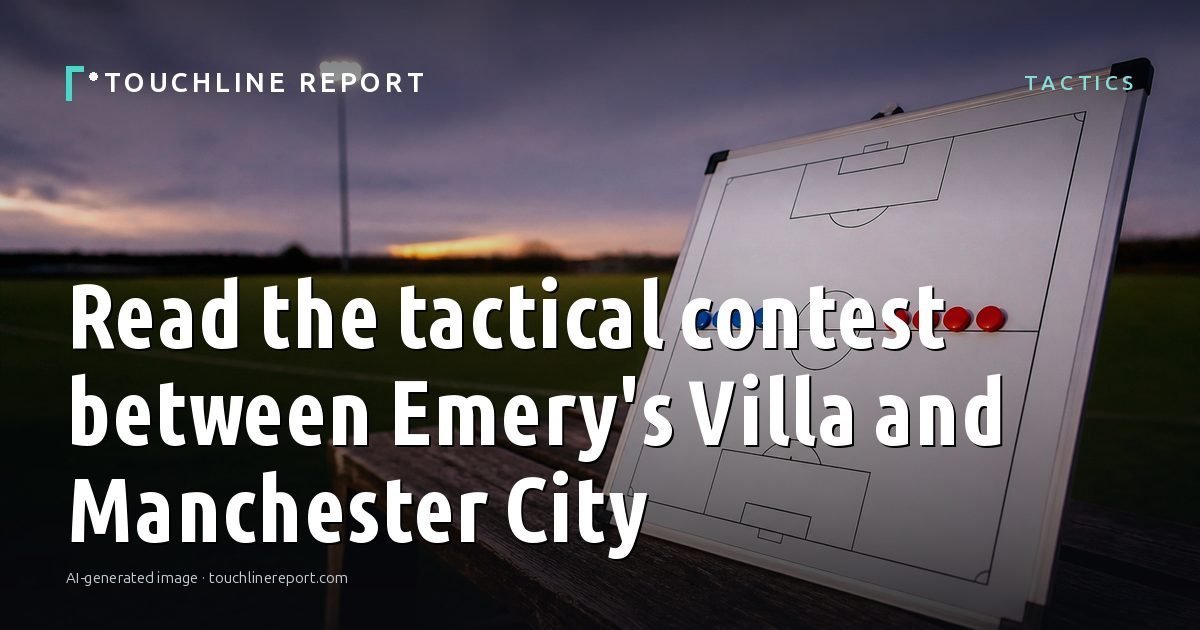 Illustration for the Tactics article “Read the tactical contest between Emery's Villa and Manchester City”: an AI-generated editorial illustration showing a scene illustrating the subject of the article, with the headline set over it. Illustrative only, not a photograph of a real event.