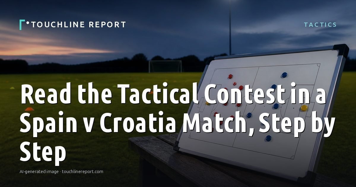 Illustration for the Tactics article “Read the Tactical Contest in a Spain v Croatia Match, Step by Step”: an AI-generated editorial illustration showing an empty training ground at dawn with cones and markers laid out, with the headline set over it. Illustrative only, not a photograph of a real event.