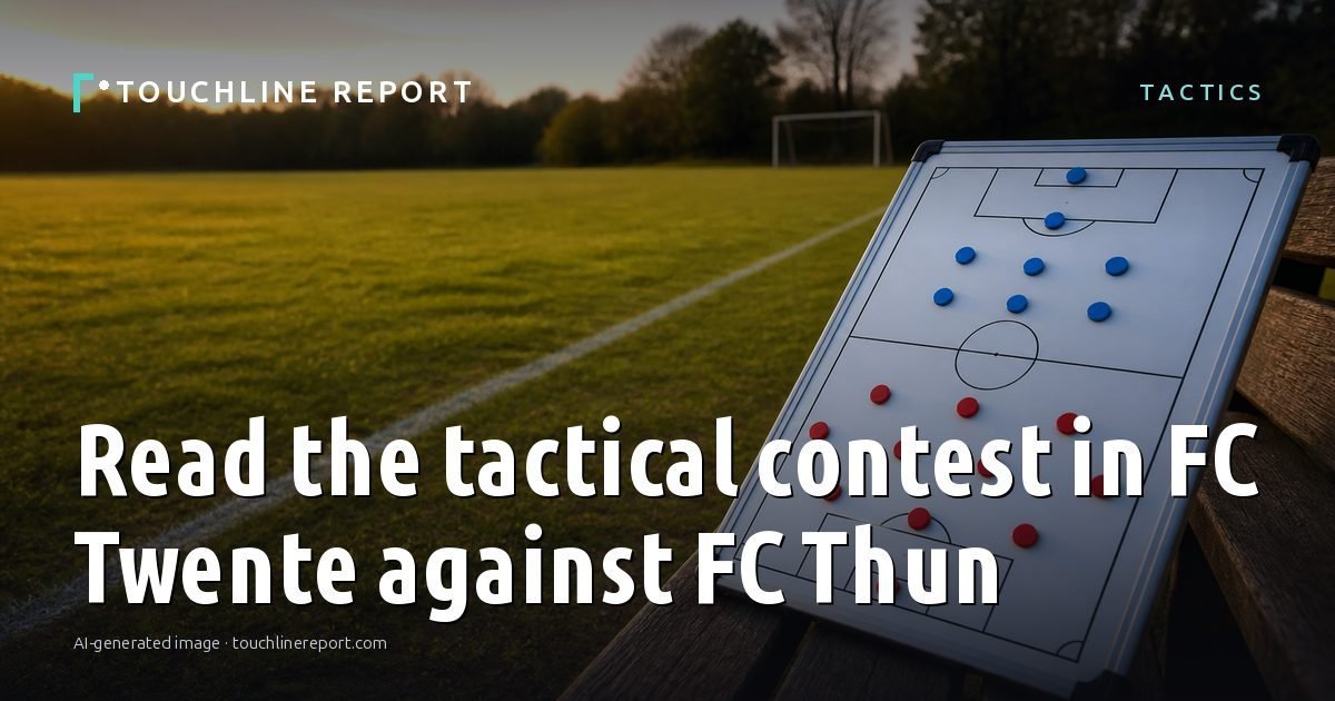 Illustration for the Tactics article “Read the tactical contest in FC Twente against FC Thun”: an AI-generated editorial illustration showing an empty training ground at dawn with cones and markers laid out, with the headline set over it. Illustrative only, not a photograph of a real event.