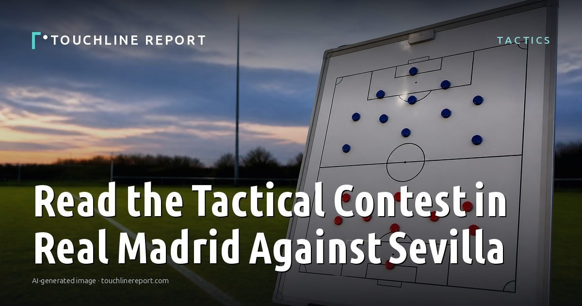 Illustration for the Tactics article “Read the Tactical Contest in Real Madrid Against Sevilla”: an AI-generated editorial illustration showing an empty training ground at dawn with cones and markers laid out, with the headline set over it. Illustrative only, not a photograph of a real event.
