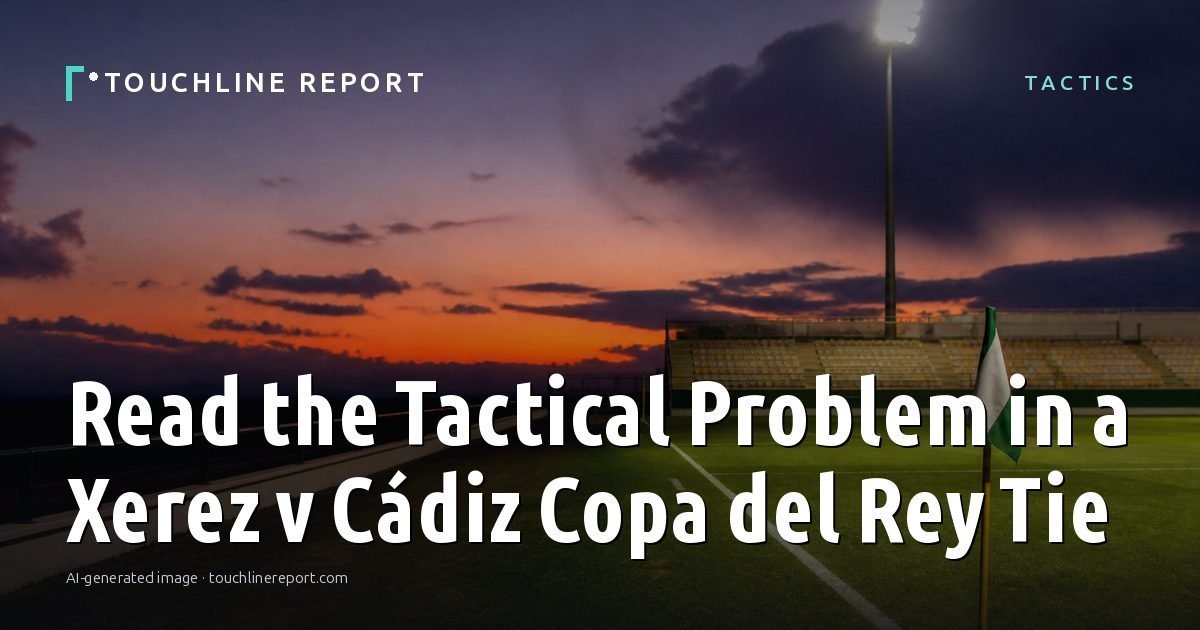 Illustration for the Tactics article “Read the Tactical Problem in a Xerez v Cádiz Copa del Rey Tie”: an AI-generated editorial illustration showing an empty training ground at dawn with cones and markers laid out, with the headline set over it. Illustrative only, not a photograph of a real event.