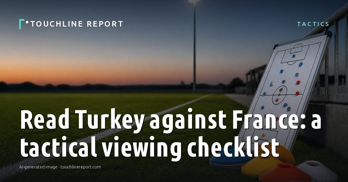 Illustration for the Tactics article “Read Turkey against France: a tactical viewing checklist”: an AI-generated editorial illustration showing an empty training ground at dawn with cones and markers laid out, with the headline set over it. Illustrative only, not a photograph of a real event.