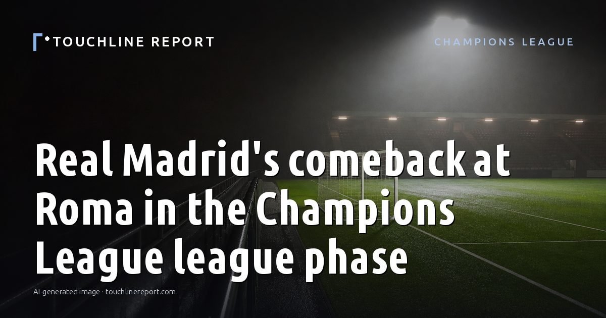 Illustration for the Champions League article “Real Madrid's comeback at Roma in the Champions League league phase”: an AI-generated editorial illustration showing a scene illustrating the subject of the article, with the headline set over it. Illustrative only, not a photograph of a real event.