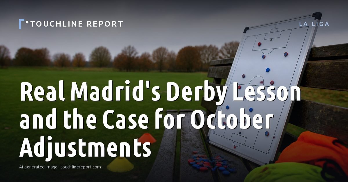 Illustration for the La Liga article “Real Madrid's Derby Lesson and the Case for October Adjustments”: an AI-generated editorial illustration showing a scene illustrating the subject of the article, with the headline set over it. Illustrative only, not a photograph of a real event.