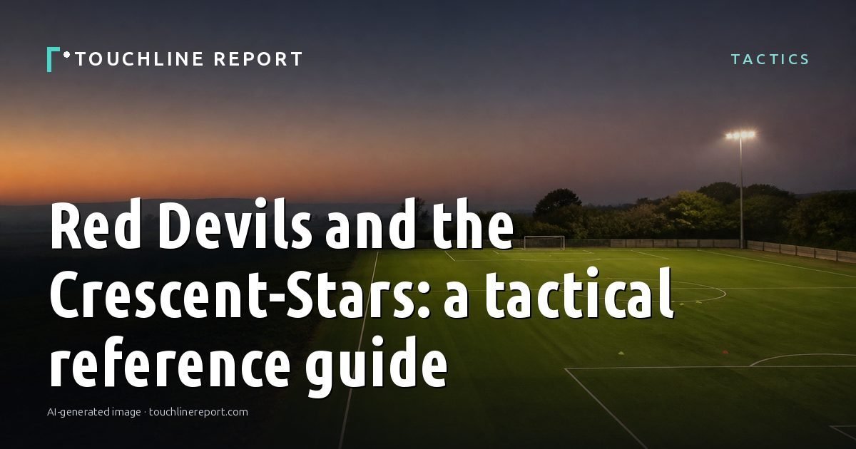 Illustration for the Tactics article “Red Devils and the Crescent-Stars: a tactical reference guide”: an AI-generated editorial illustration showing an empty training ground at dawn with cones and markers laid out, with the headline set over it. Illustrative only, not a photograph of a real event.