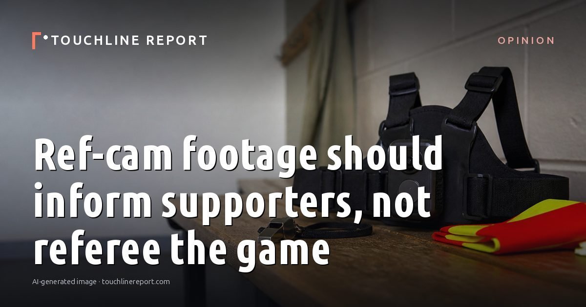 Illustration for the Opinion article “Ref-cam footage should inform supporters, not referee the game”: an AI-generated editorial illustration showing a scene illustrating the subject of the article, with the headline set over it. Illustrative only, not a photograph of a real event.