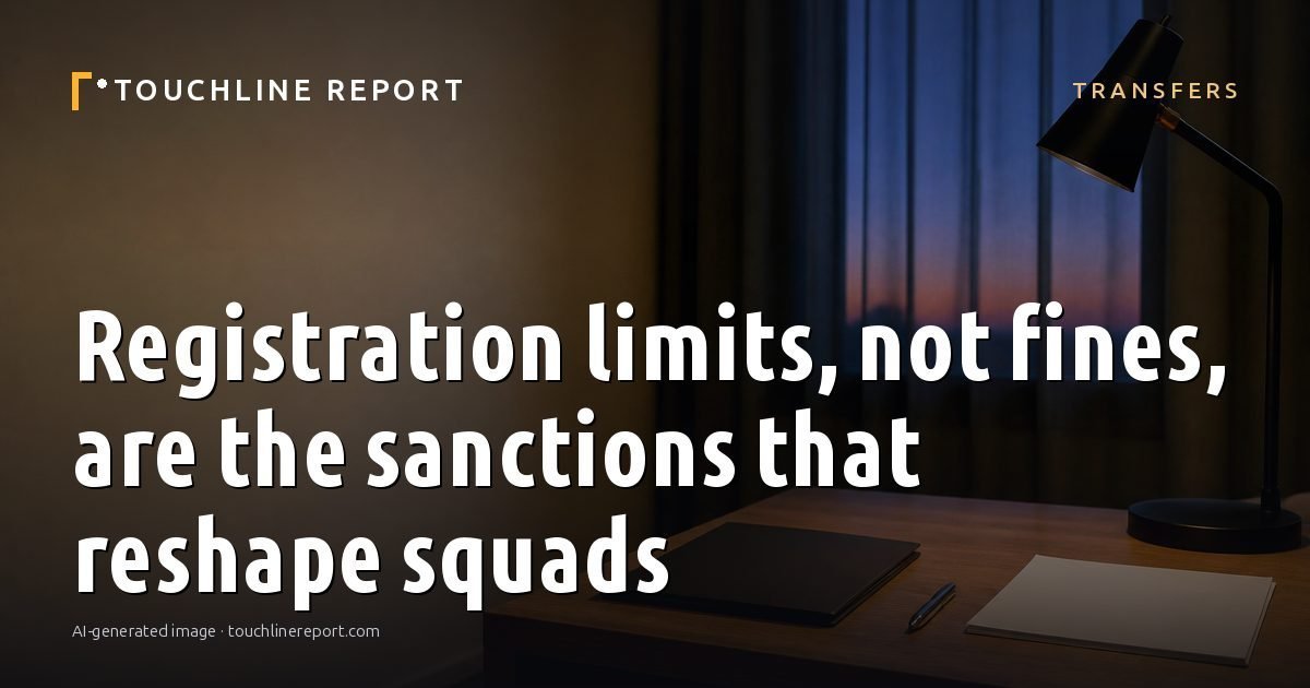 Illustration for the Transfers article “Registration limits, not fines, are the sanctions that reshape squads”: an AI-generated editorial illustration showing a scene illustrating the subject of the article, with the headline set over it. Illustrative only, not a photograph of a real event.