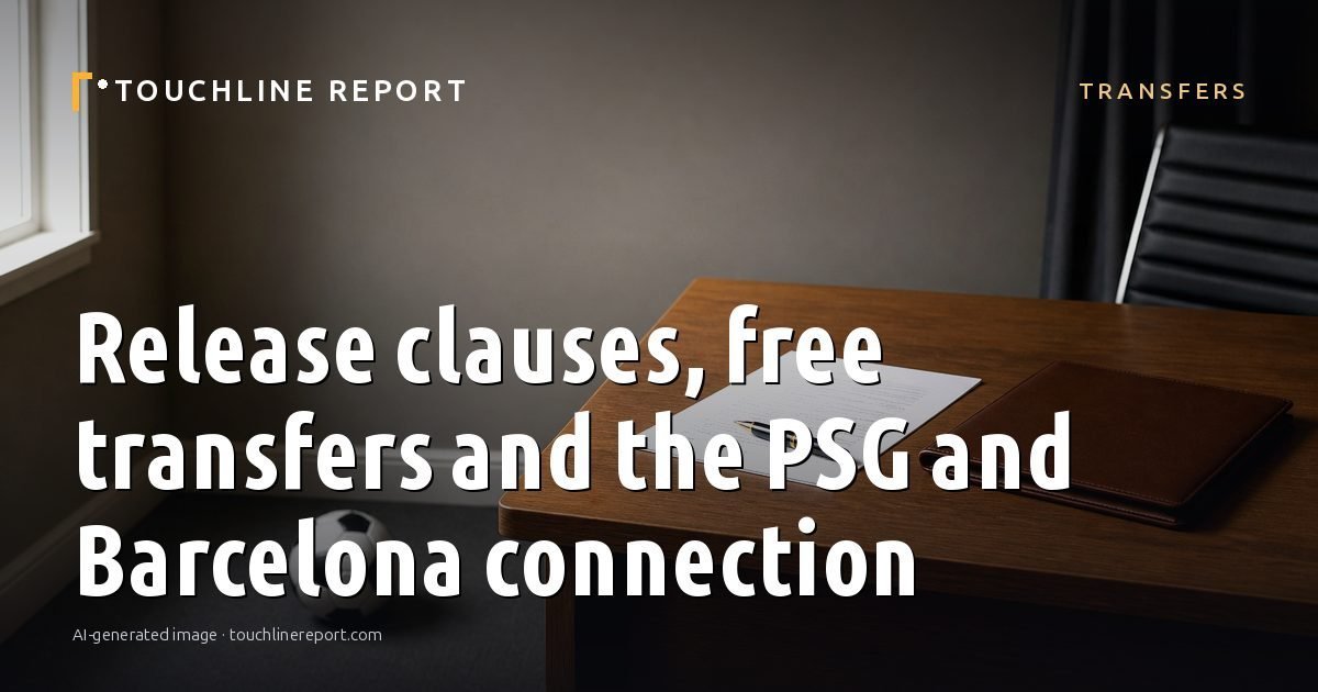 Illustration for the Transfers article “Release clauses, free transfers and the PSG and Barcelona connection”: an AI-generated editorial illustration showing a scene illustrating the subject of the article, with the headline set over it. Illustrative only, not a photograph of a real event.