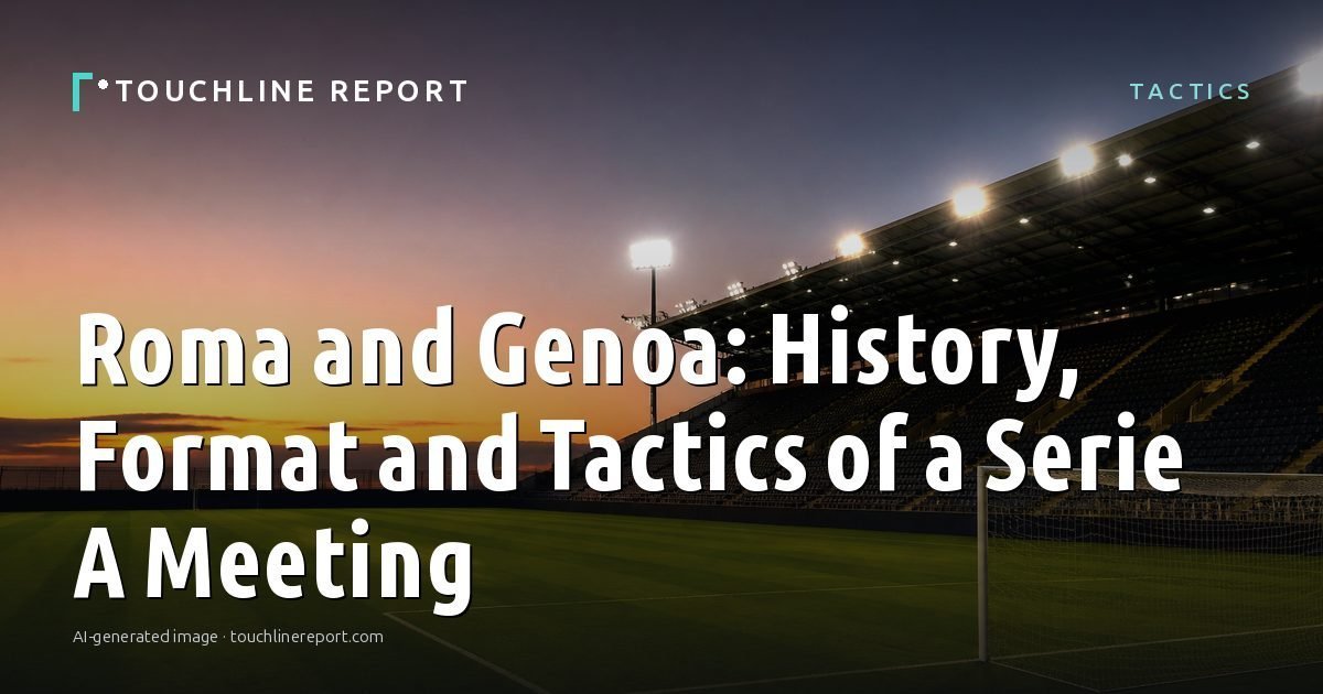 Illustration for the Tactics article “Roma and Genoa: History, Format and Tactics of a Serie A Meeting”: an AI-generated editorial illustration showing an empty training ground at dawn with cones and markers laid out, with the headline set over it. Illustrative only, not a photograph of a real event.