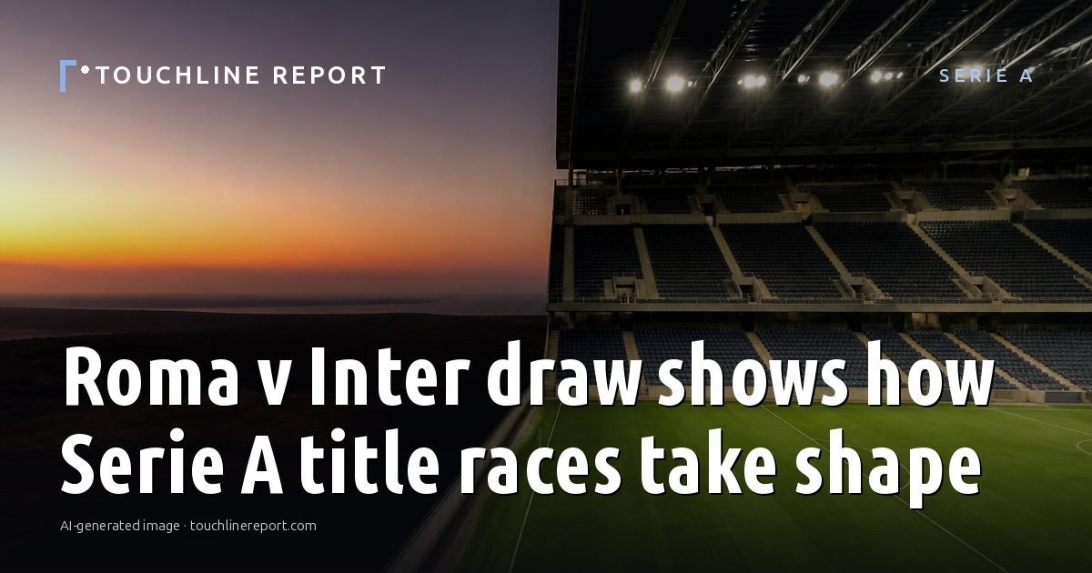 Illustration for the Serie A article “Roma v Inter draw shows how Serie A title races take shape”: an AI-generated editorial illustration showing a scene illustrating the subject of the article, with the headline set over it. Illustrative only, not a photograph of a real event.
