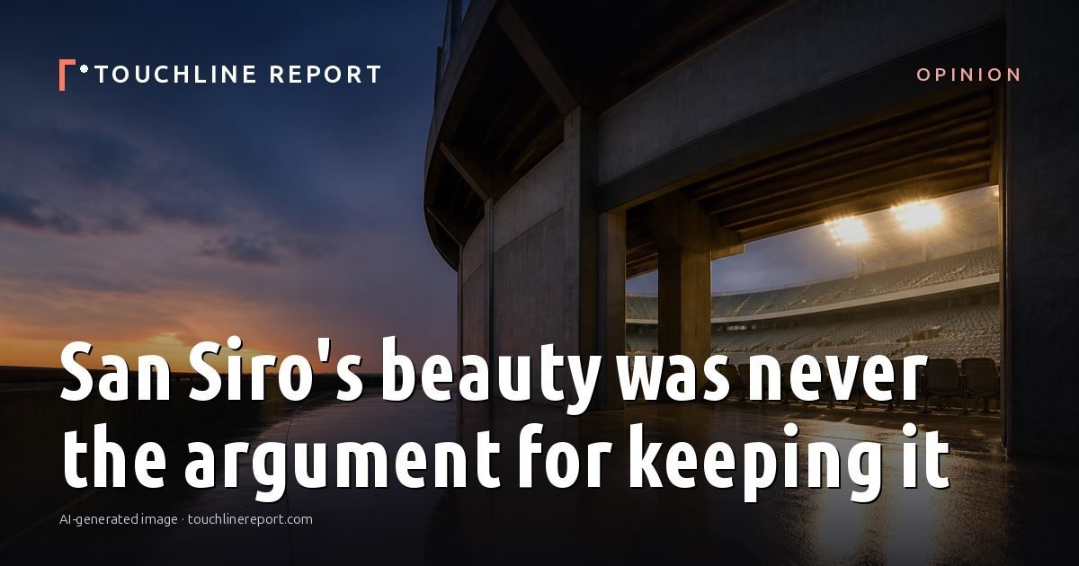 Illustration for the Opinion article “San Siro's beauty was never the argument for keeping it”: an AI-generated editorial illustration showing an empty training ground at dawn with cones and markers laid out, with the headline set over it. Illustrative only, not a photograph of a real event.