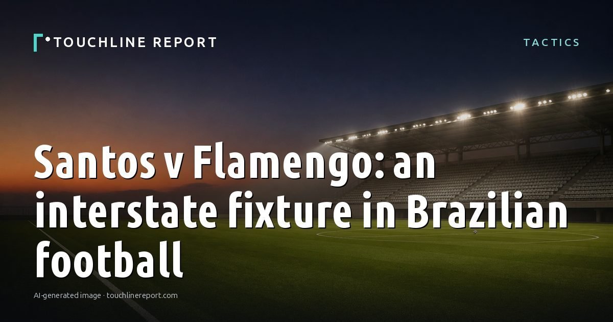 Illustration for the Tactics article “Santos v Flamengo: an interstate fixture in Brazilian football”: an AI-generated editorial illustration showing an empty training ground at dawn with cones and markers laid out, with the headline set over it. Illustrative only, not a photograph of a real event.