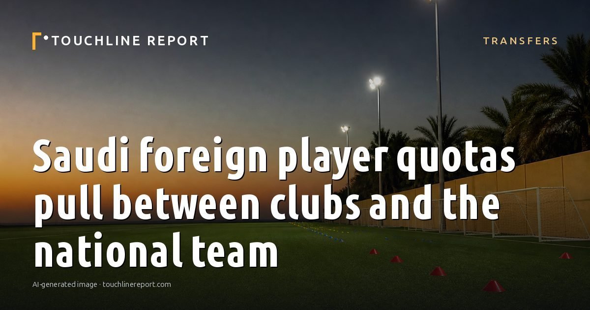 Illustration for the Transfers article “Saudi foreign player quotas pull between clubs and the national team”: an AI-generated editorial illustration showing a scene illustrating the subject of the article, with the headline set over it. Illustrative only, not a photograph of a real event.