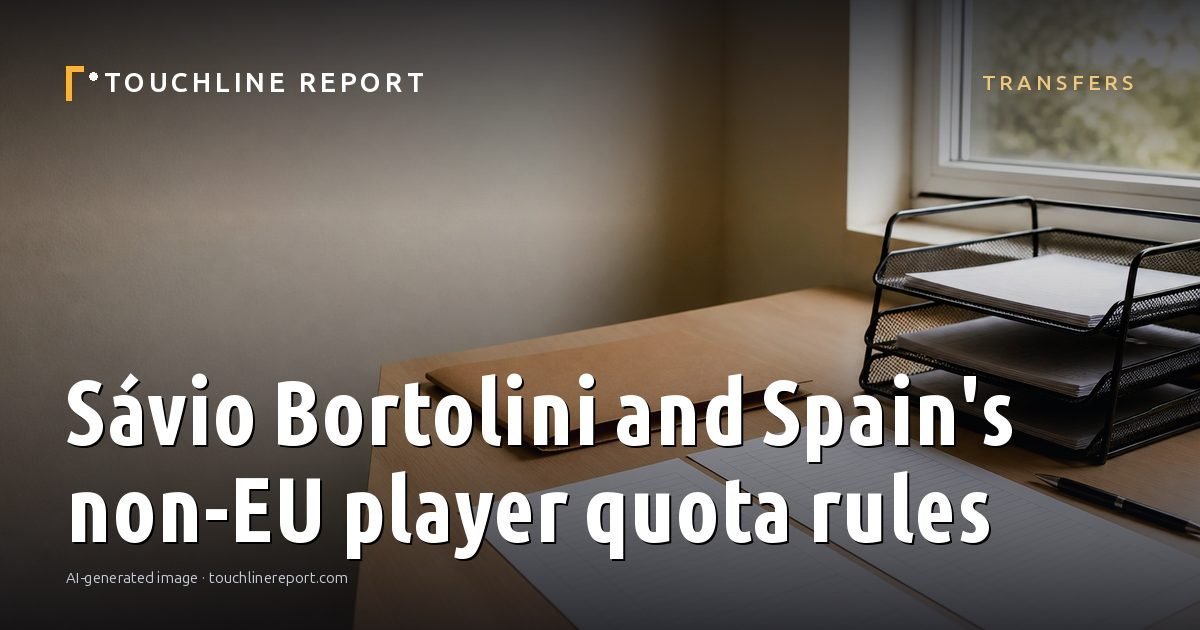 Illustration for the Transfers article “Sávio Bortolini and Spain's non-EU player quota rules”: an AI-generated editorial illustration showing a scene illustrating the subject of the article, with the headline set over it. Illustrative only, not a photograph of a real event.