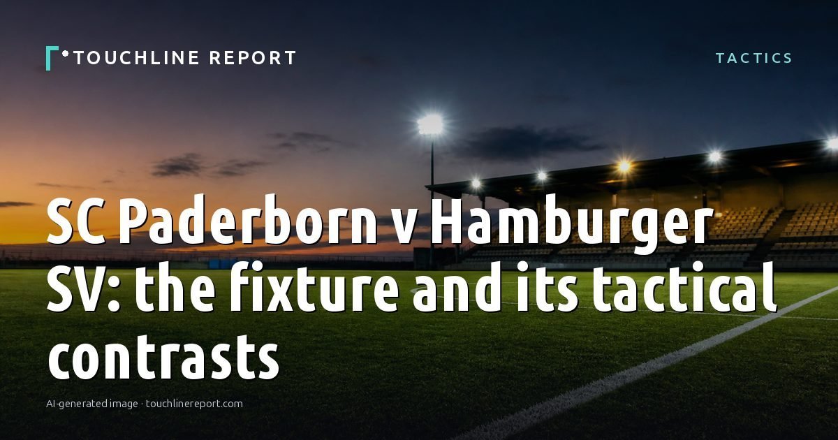 Illustration for the Tactics article “SC Paderborn v Hamburger SV: the fixture and its tactical contrasts”: an AI-generated editorial illustration showing an empty training ground at dawn with cones and markers laid out, with the headline set over it. Illustrative only, not a photograph of a real event.