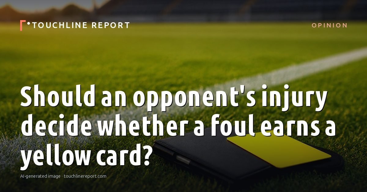 Illustration for the Opinion article “Should an opponent's injury decide whether a foul earns a yellow card?”: an AI-generated editorial illustration showing a scene illustrating the subject of the article, with the headline set over it. Illustrative only, not a photograph of a real event.