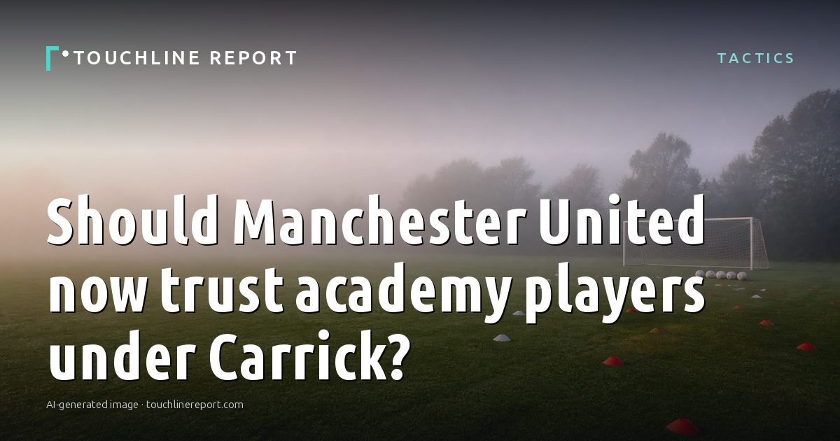 Illustration for the Tactics article “Should Manchester United now trust academy players under Carrick?”: an AI-generated editorial illustration showing a scene illustrating the subject of the article, with the headline set over it. Illustrative only, not a photograph of a real event.
