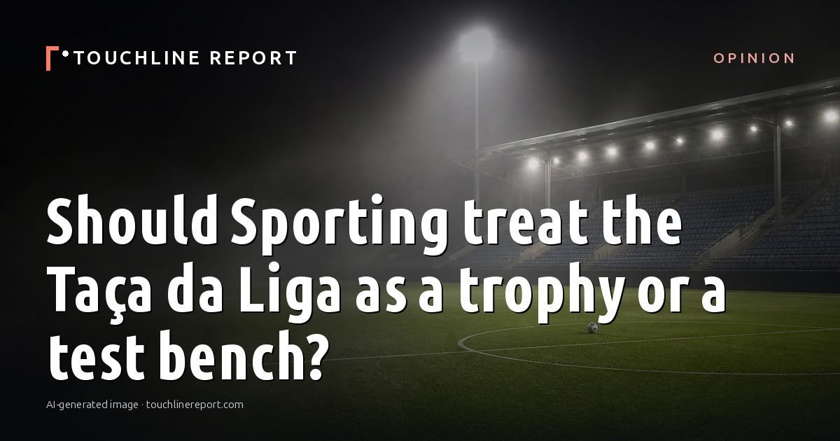 Illustration for the Opinion article “Should Sporting treat the Taça da Liga as a trophy or a test bench?”: an AI-generated editorial illustration showing an empty training ground at dawn with cones and markers laid out, with the headline set over it. Illustrative only, not a photograph of a real event.