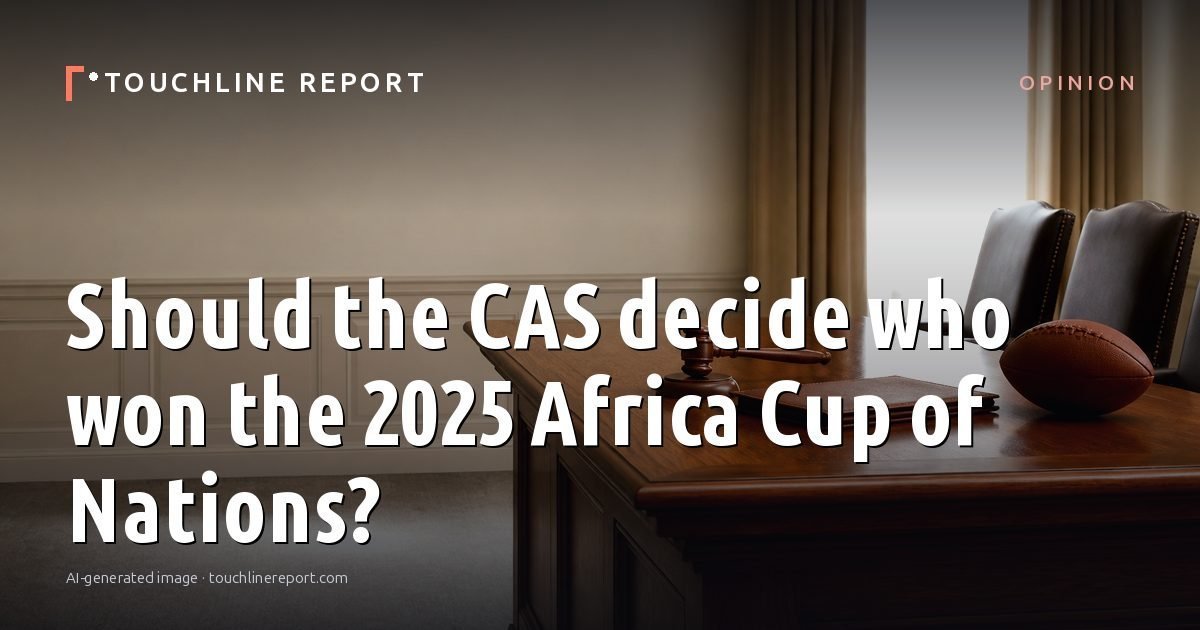 Illustration for the Opinion article “Should the CAS decide who won the 2025 Africa Cup of Nations?”: an AI-generated editorial illustration showing an empty training ground at dawn with cones and markers laid out, with the headline set over it. Illustrative only, not a photograph of a real event.