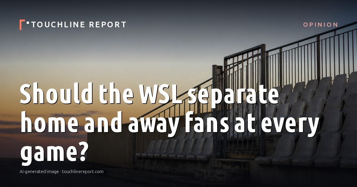 Illustration for the Opinion article “Should the WSL separate home and away fans at every game?”: an AI-generated editorial illustration showing a scene illustrating the subject of the article, with the headline set over it. Illustrative only, not a photograph of a real event.