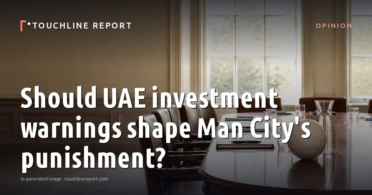 Illustration for the Opinion article “Should UAE investment warnings shape Man City's punishment?”: an AI-generated editorial illustration showing an empty training ground at dawn with cones and markers laid out, with the headline set over it. Illustrative only, not a photograph of a real event.