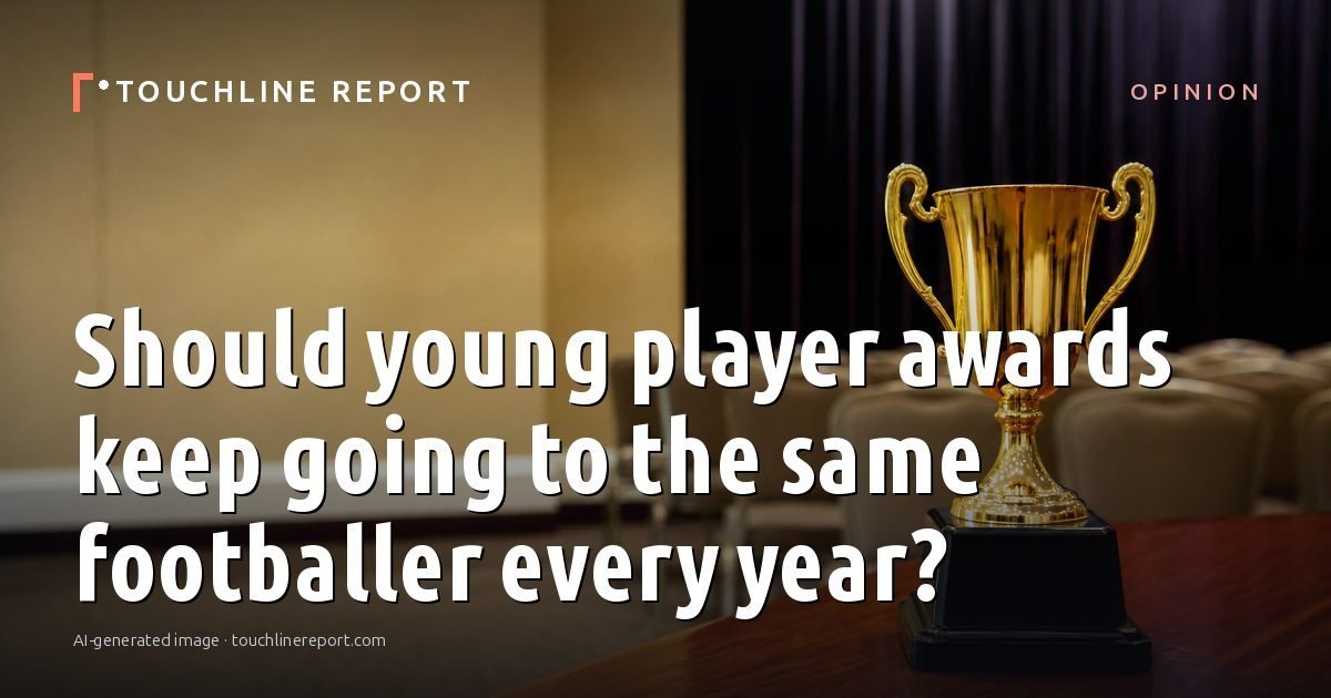 Illustration for the Opinion article “Should young player awards keep going to the same footballer every year?”: an AI-generated editorial illustration showing an empty training ground at dawn with cones and markers laid out, with the headline set over it. Illustrative only, not a photograph of a real event.