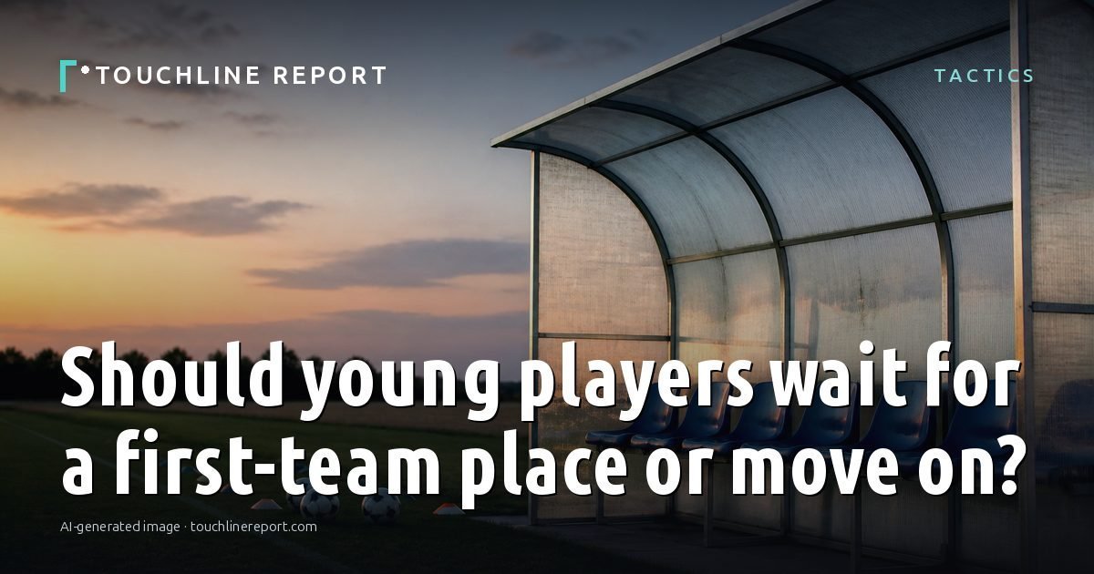 Illustration for the Tactics article “Should young players wait for a first-team place or move on?”: an AI-generated editorial illustration showing a scene illustrating the subject of the article, with the headline set over it. Illustrative only, not a photograph of a real event.