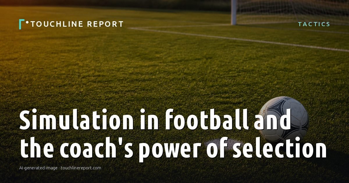 Illustration for the Tactics article “Simulation in football and the coach's power of selection”: an AI-generated editorial illustration showing an empty training ground at dawn with cones and markers laid out, with the headline set over it. Illustrative only, not a photograph of a real event.