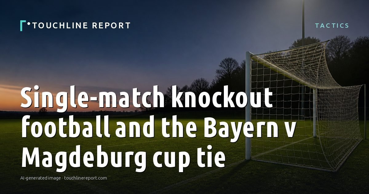 Illustration for the Tactics article “Single-match knockout football and the Bayern v Magdeburg cup tie”: an AI-generated editorial illustration showing an empty training ground at dawn with cones and markers laid out, with the headline set over it. Illustrative only, not a photograph of a real event.